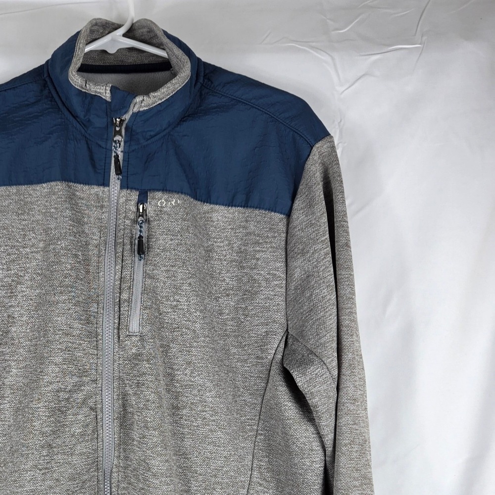 Orvis Mens Full Zip Fleece Jacket Grey Navy Blue Mock Neck Outdoor Size M